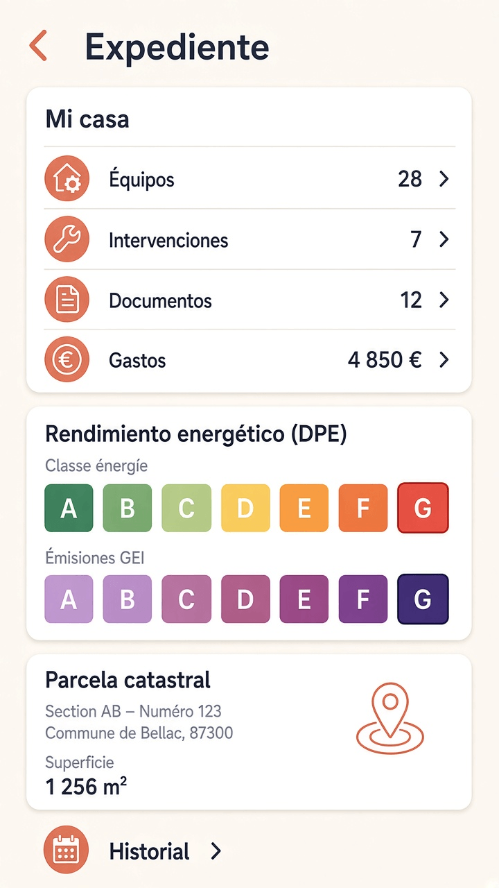 Expediente Domuss - resumen de la vivienda, DPE, catastro e intervenciones