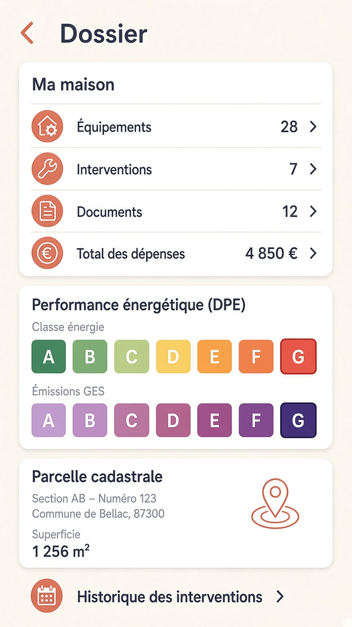 Dossier Domuss - synthèse du logement, DPE, cadastre et interventions