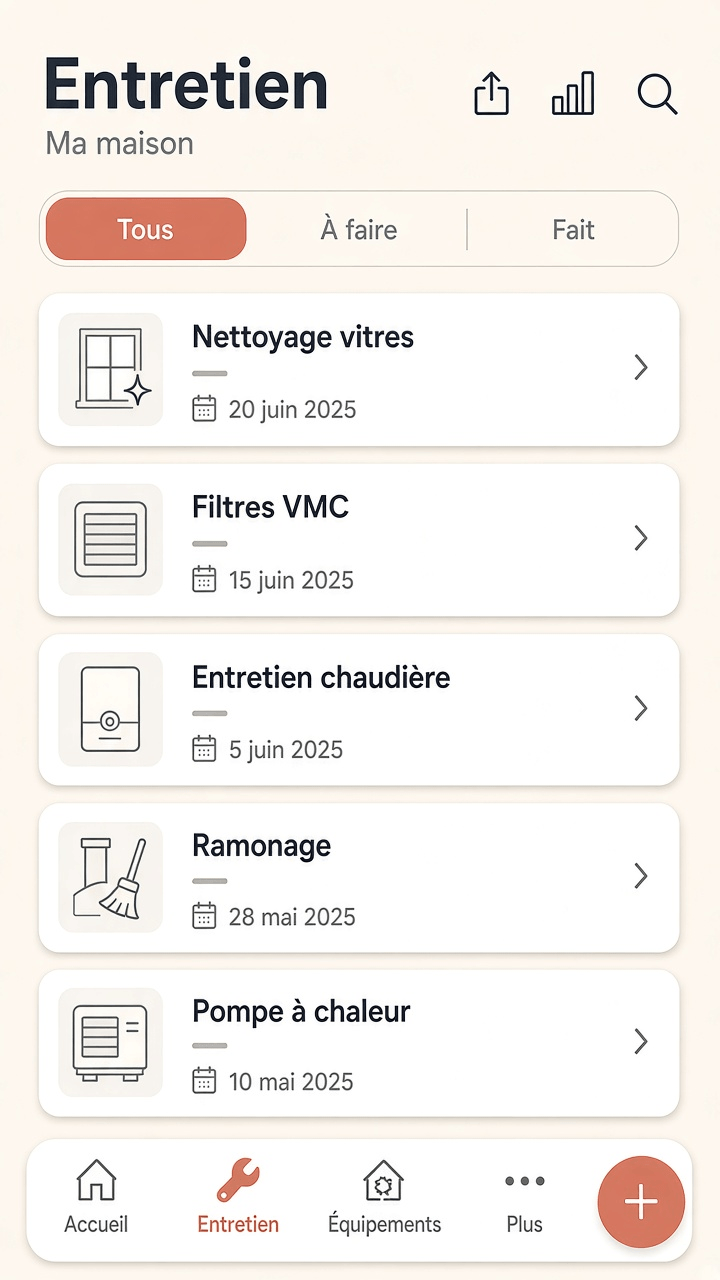 Planning d'entretien Domuss - liste des tâches par statut